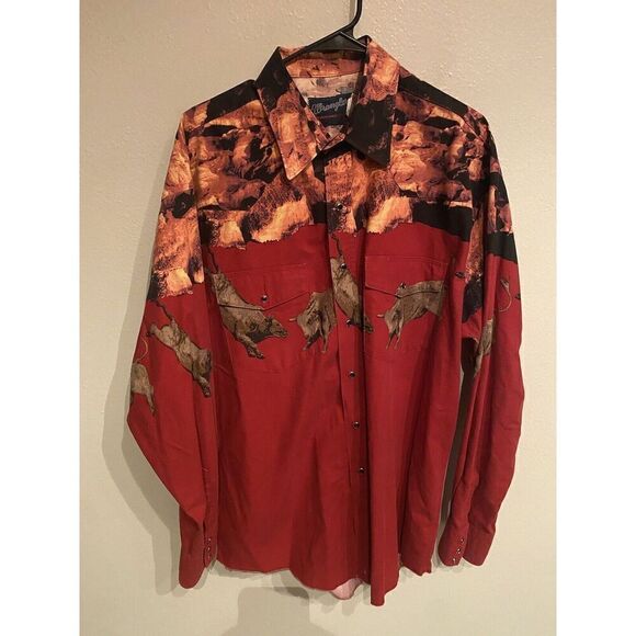 Vintage Wrangler Mens XL Pearl Snap Shirt Bull Print Pattern Rodeo Long sleeve - Picture 1 of 8